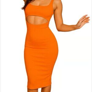 Forever 21 Orange Bodycon Cutout Midi Dress Sleeveless Sexy Fitted Party Small
